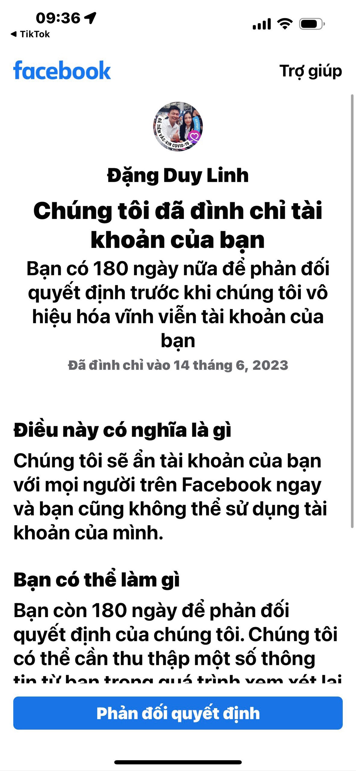 Facebook thông báo về tài khoản Facebook của bạn ngay sau khi bị khóa