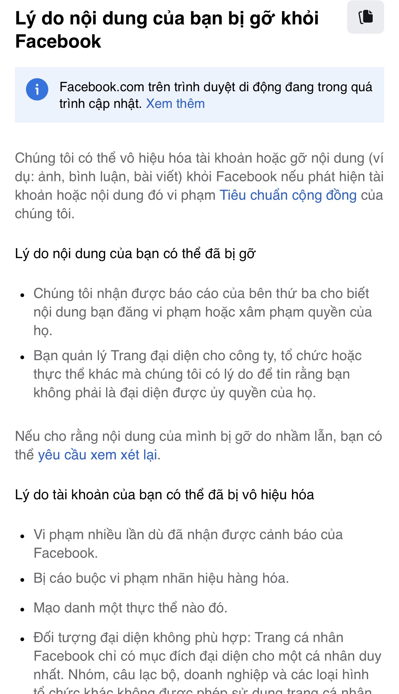 Thông báo khi ấn quên mật khẩu đối với tài khoản Facebook bị vô hiệu hóa do vi phạm bản quyền