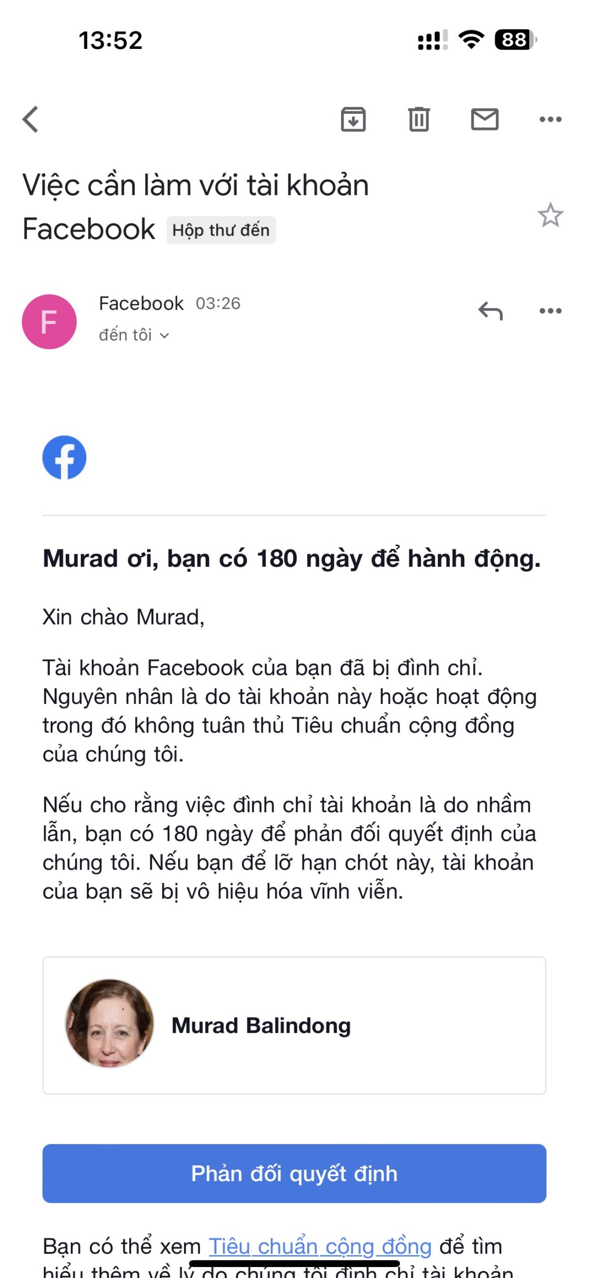 Facebook thông báo về email của bạn khi Facebook của bạn bị khóa