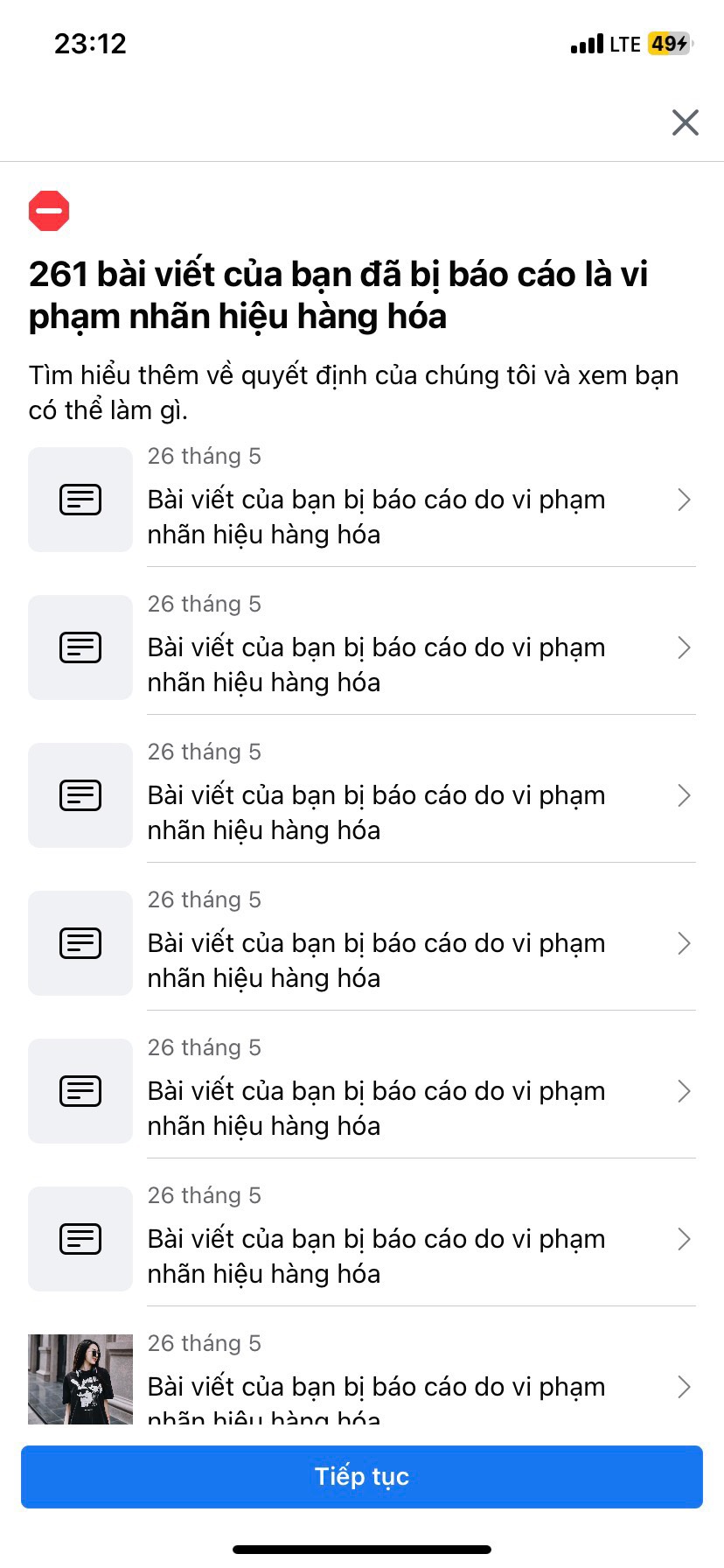 Thông báo vi phạm gửi về Facebook trước khi tài khoản của bạn bị vô hiệu hóa do vi phạm bản quyền