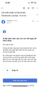 Thông báo về email khi tài khoản Facebook của bạn bị khoá do vi phạm tiêu chuẩn cộng đồng.