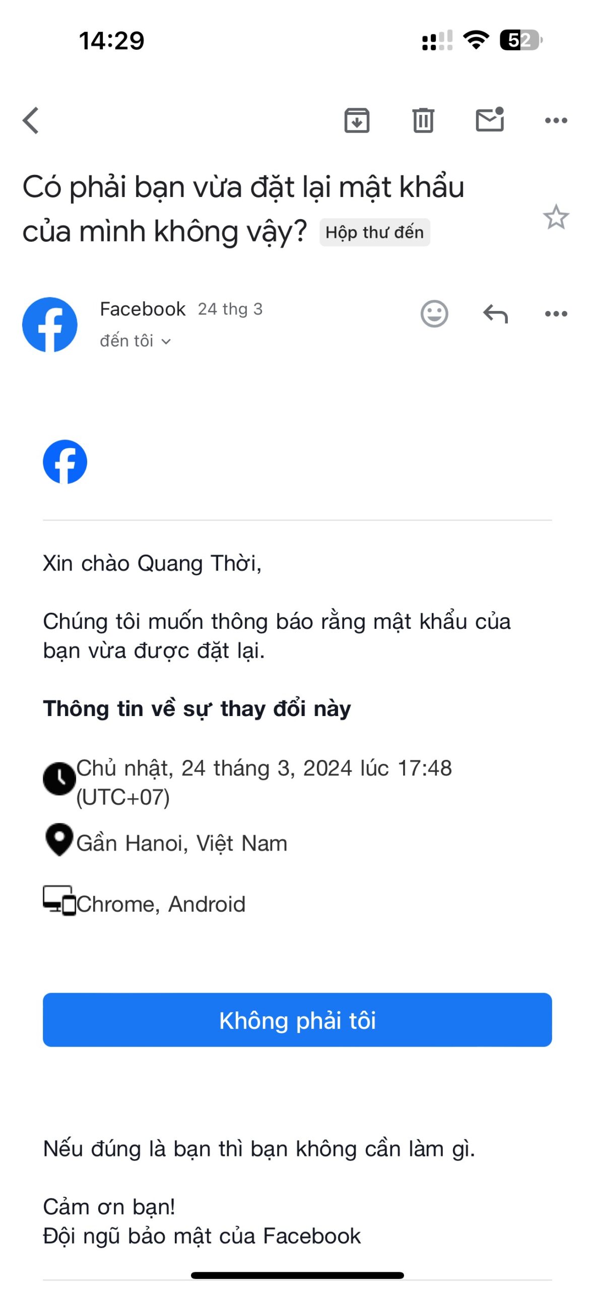 Thông báo mật khẩu bị đổi khi bị hack Facebook.