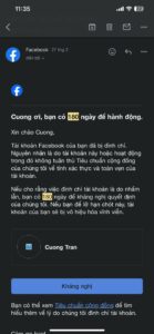 Thông báo từ Facebook về Email liên kết với tài khoản Facebook bị vô hiệu hoá 180 ngày vi phạm tiêu chuẩn cộng đồng.