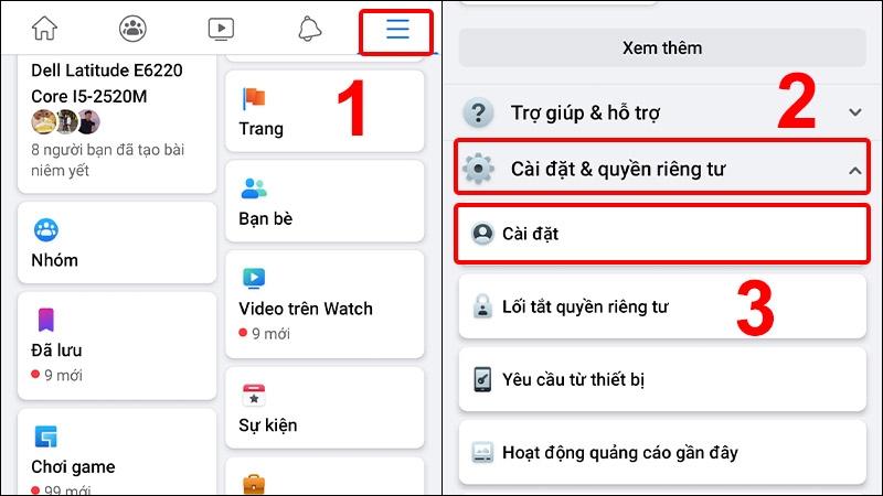 Hướng dẫn truy cập cài đặt riêng tư trên ứng dụng.