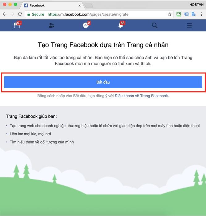 Giao diện tạo trang Facebook từ trang cá nhân.