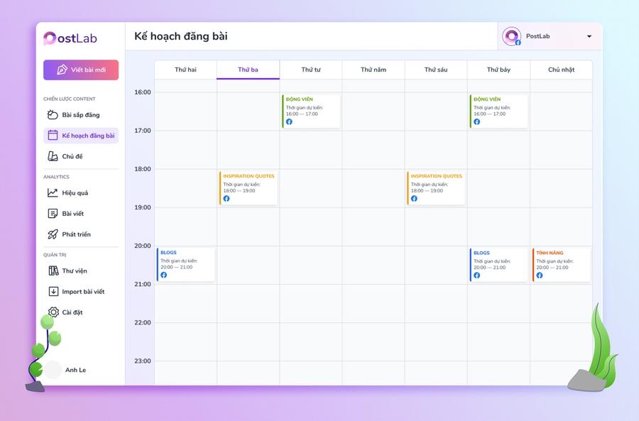 Lịch kế hoạch đăng bài trên mạng xã hội của PostLab.