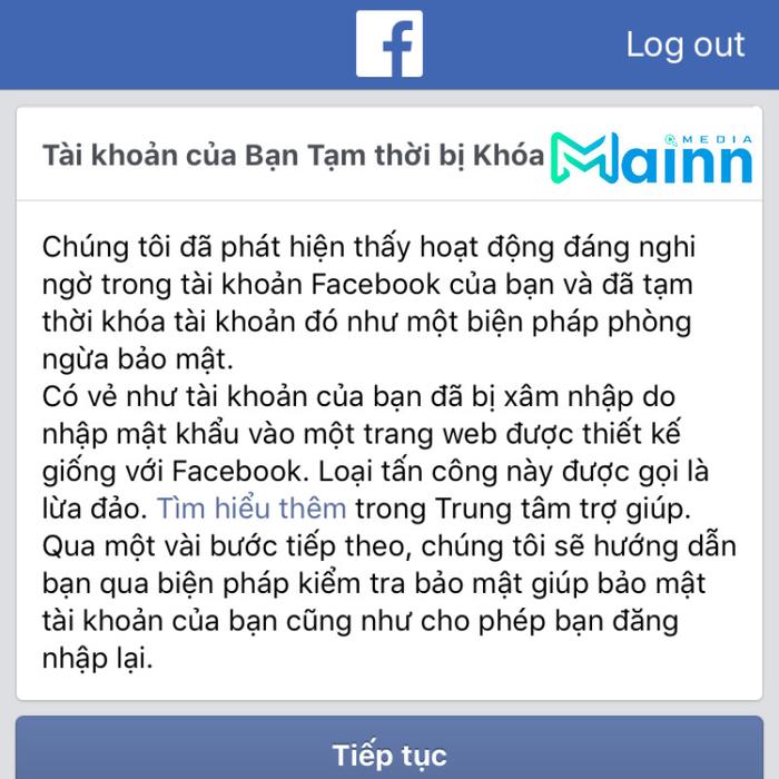 Tài khoản Facebook tạm khóa do hoạt động đáng ngờ.