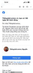 Thông báo Facebook bị khóa 180 ngày vi phạm tiêu chuẩn cộng đồng về email.