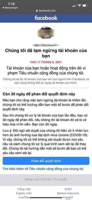 Thông báo tạm ngưng tài khoản từ Facebook.