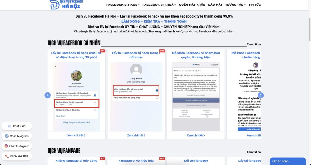 Trang chủ của đơn vị Dịch Vụ Facebook Hà Nội