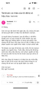 Thông báo Facebook bị khóa 282 180 ngày lồng bản quyền về email.