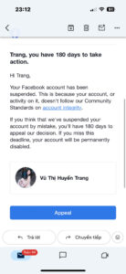 Xuất hiện thông báo thời hạn 180 ngày trong Trung tâm hỗ trợ.