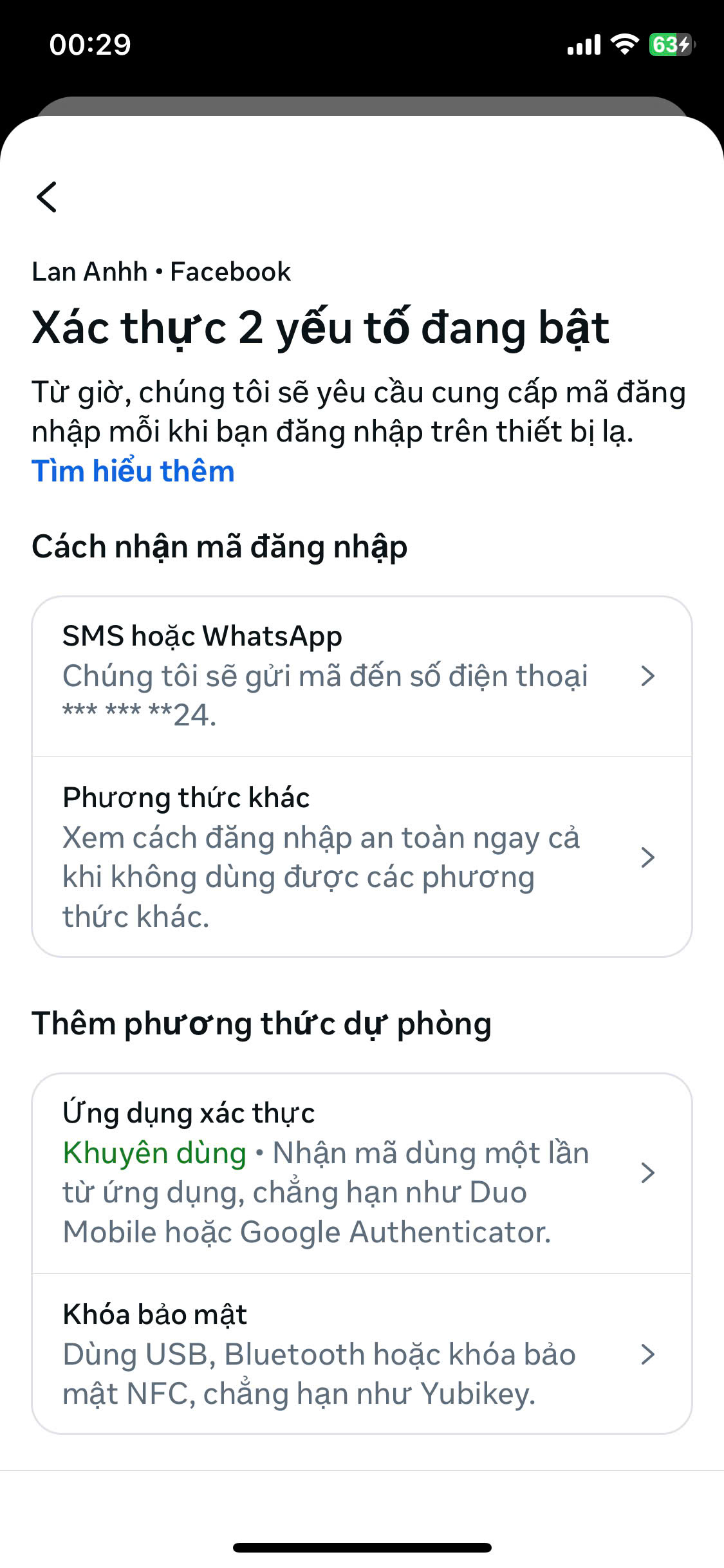 Các phương thức xác thực 2 yếu tố Facebook.