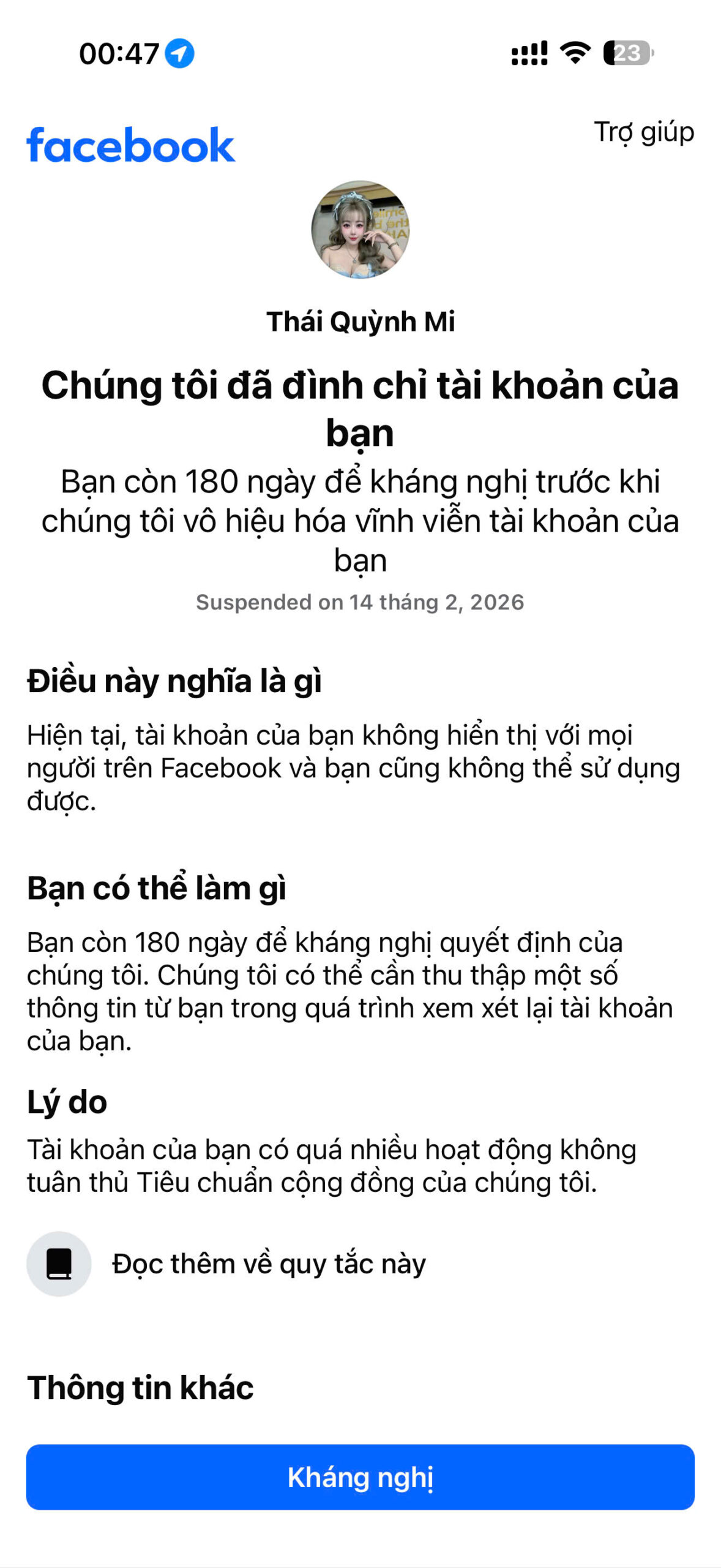 Xuất hiện thông báo vi phạm Tiêu chuẩn cộng đồng.