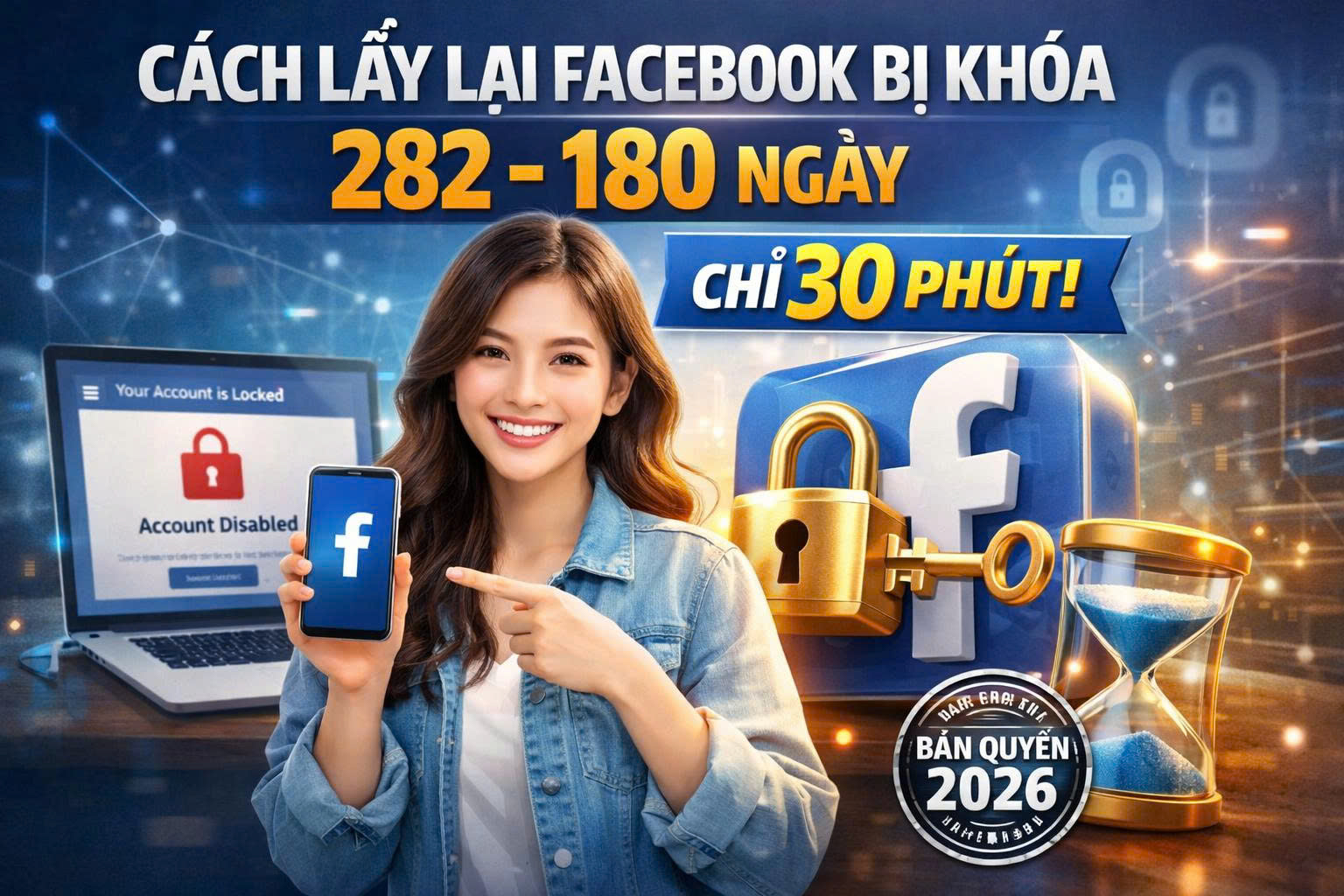 Cách lấy lại Facebook bị khóa 282 180 ngày lồng bản quyền 2026 chỉ 30 phút