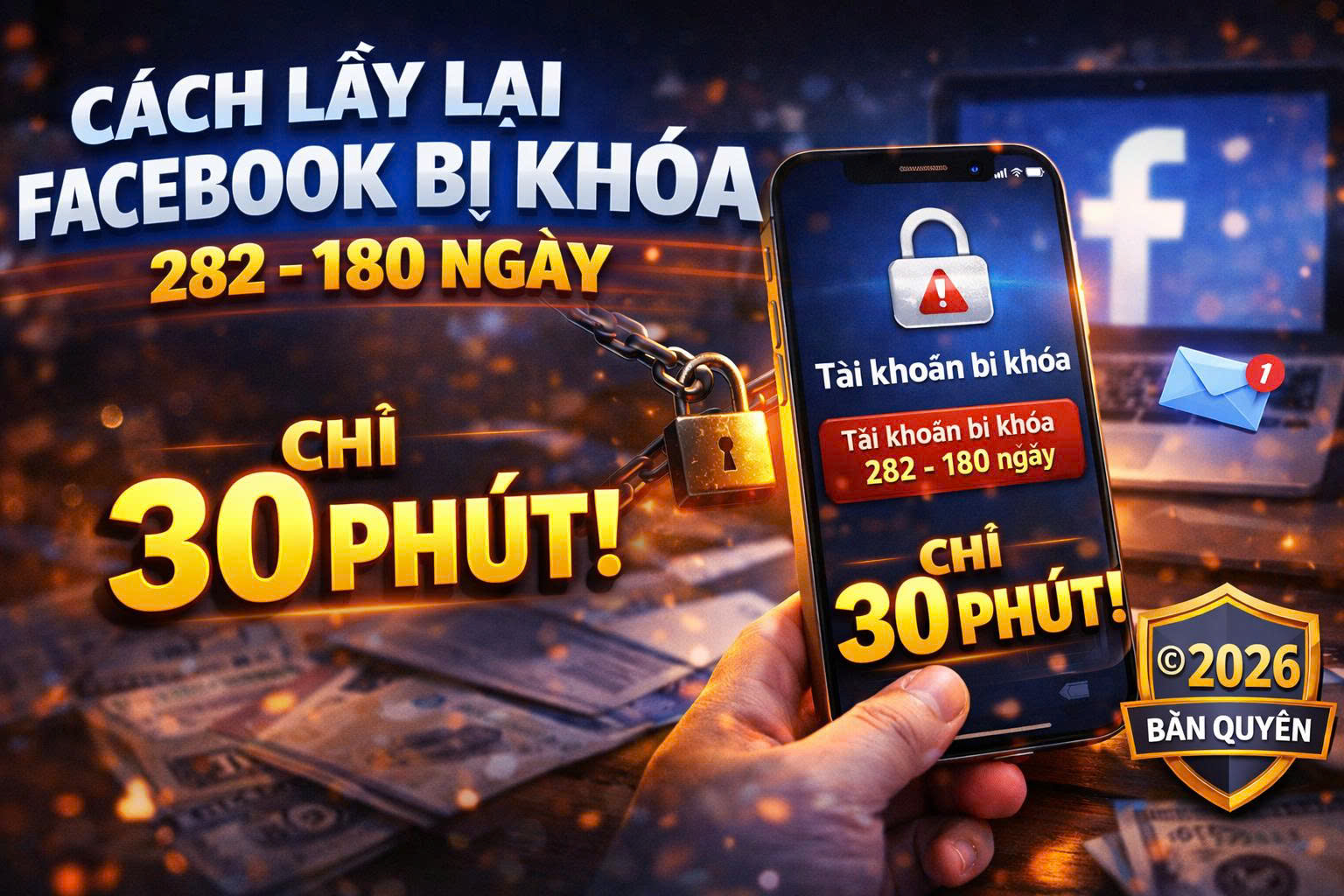 Cách lấy lại Facebook bị khóa 282 180 ngày lồng bản quyền 2026 chỉ 30 phút.