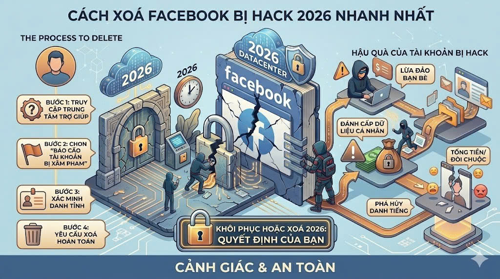 Cách xoá Facebook bị hack 2026 nhanh nhất.