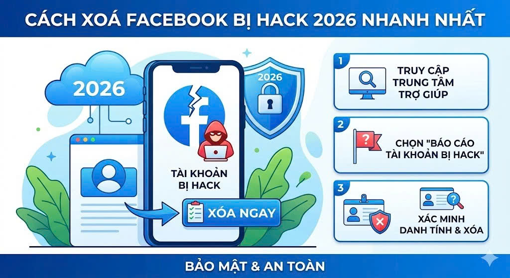 Cách xoá Facebook bị hack 2026 nhanh nhất.