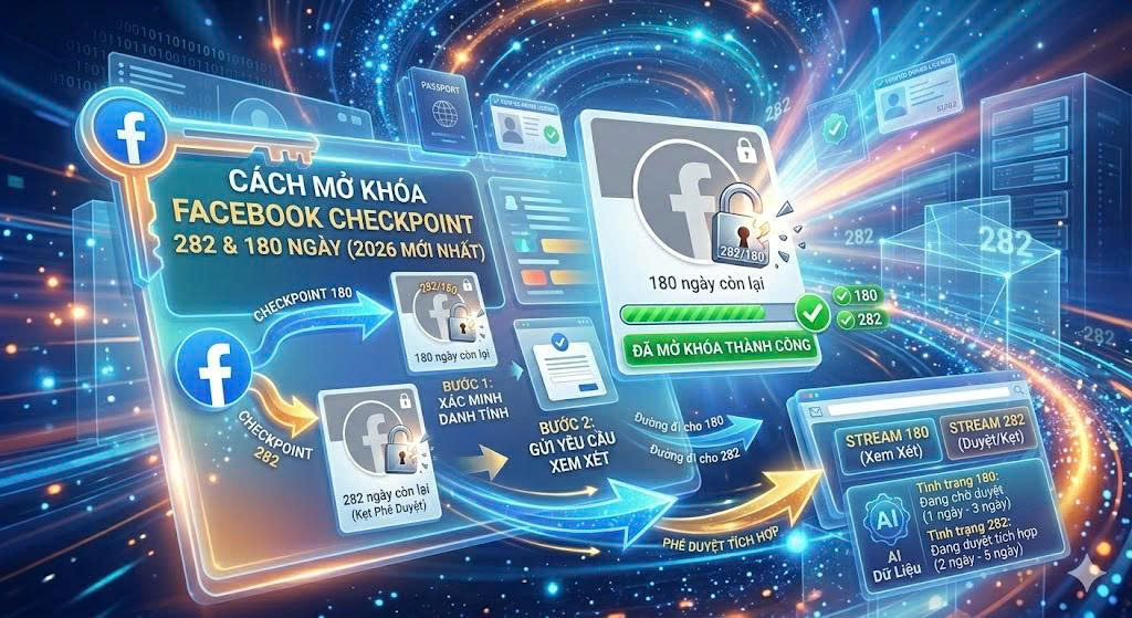 Cách mở khóa Facebook Checkpoint 282 180 ngày 2026.