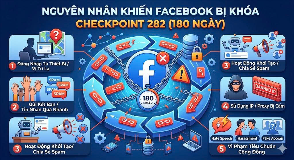 Nguyên nhân khiến Facebook bị khoá Checkpoint 282 180 ngày.
