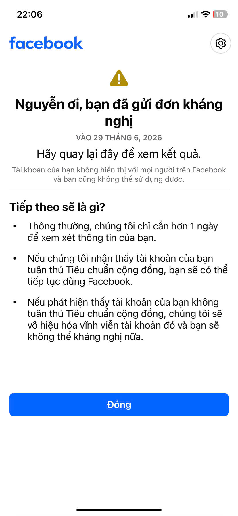 Dấu hiệu khi tài khoản Facebook bị đình chỉ 180 ngày.