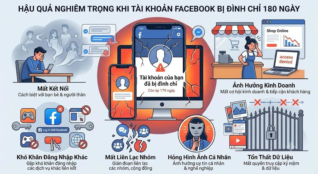 Tác hại khi tài khoản Facebook bị đình chỉ 180 ngày.