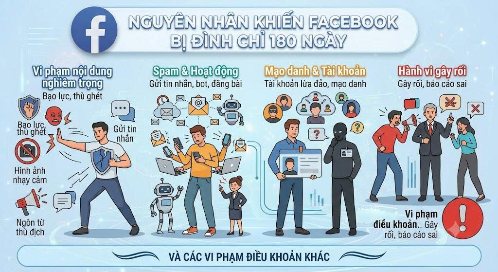 Nguyên nhân khiến Facebook bị đình chỉ 180 ngày.