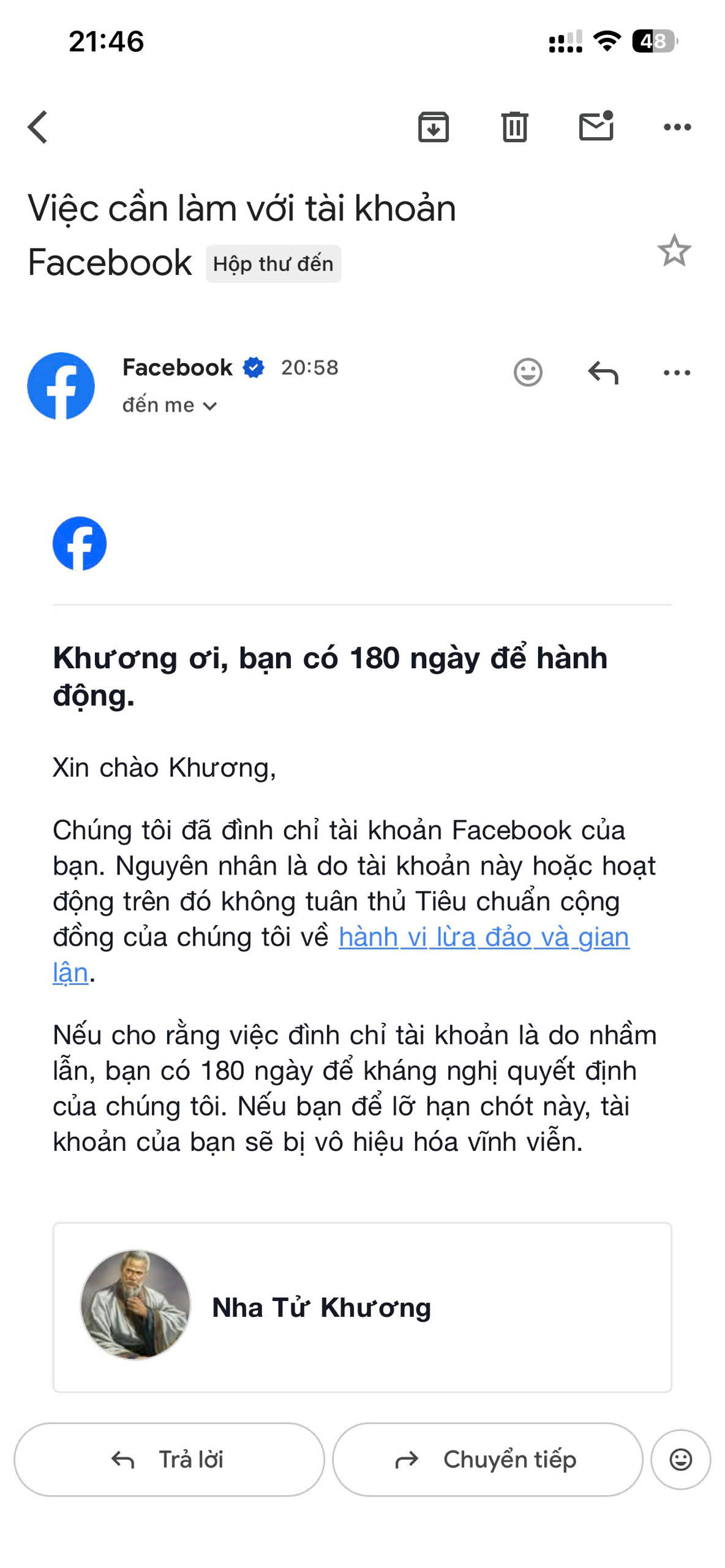 Nhận email cảnh báo từ Meta.