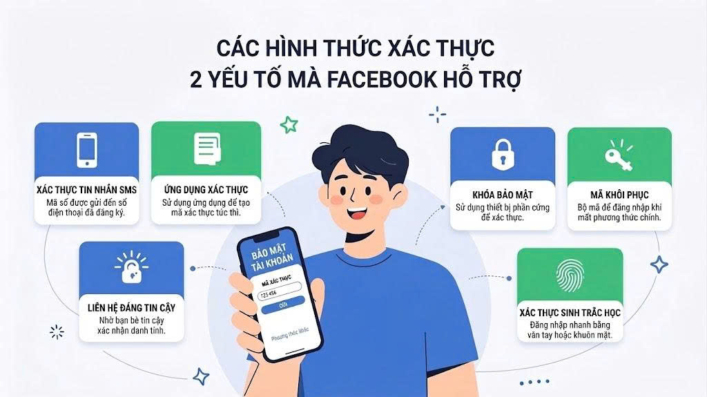 Các hình thức xác thực 2 yếu tố mà Facebook hỗ trợ.
